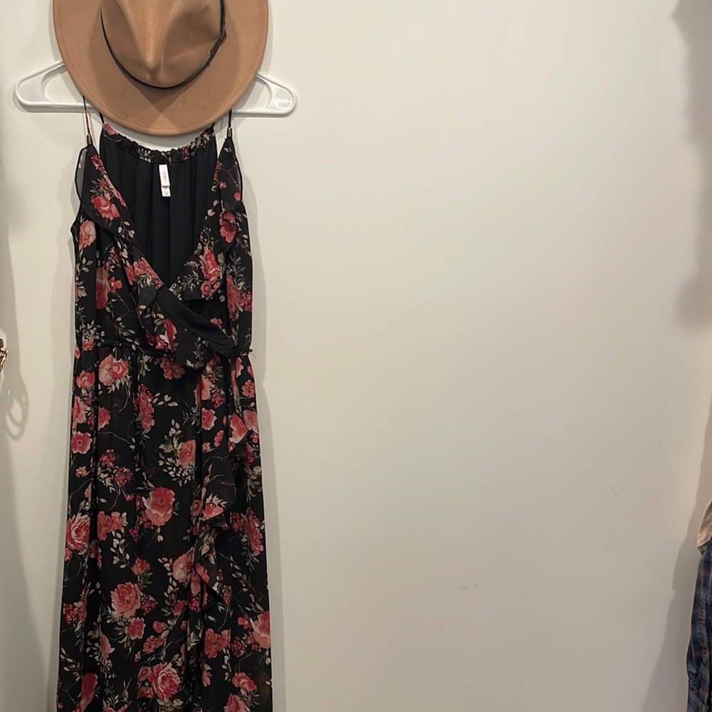 High low maxi floral dusty rose and black dress